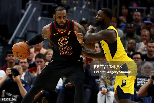 LeBron James of the Cleveland Cavaliers tries to get around Lance Stephenson of the Indiana Pacers during the first half in Game Seven of the Eastern...