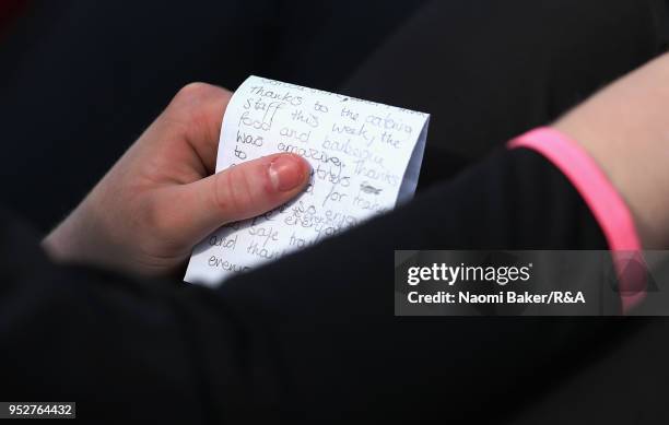 Hannah Darling prepares her speech after winning the final round of the Girls' U16 Open Championship at Fulford Golf Club on April 29, 2018 in York,...