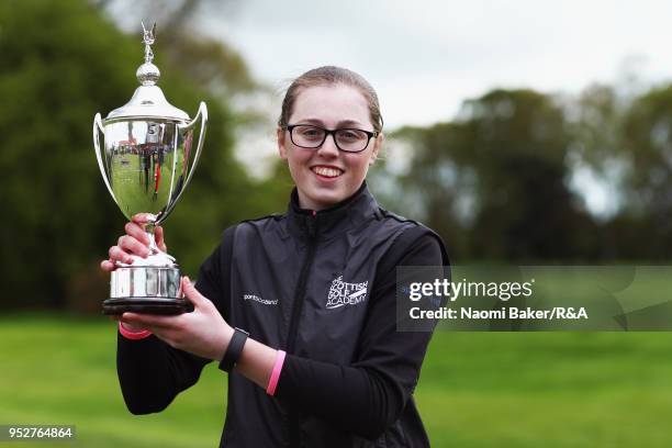 Hannah Darling poses with the trophy after winning the final round of the Girls' U16 Open Championship at Fulford Golf Club on April 29, 2018 in...