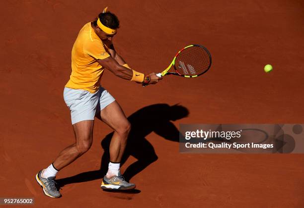 Rafael Nadal of Spain in action during his match against Stefanos Tsitsipas of Greece during day seventh of the ATP Barcelona Open Banc Sabadell at...