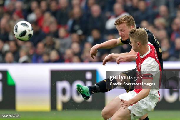 Ferdy Druif of AZ Alkmaar, Matthijs de Ligt of Ajax during the Dutch Eredivisie match between Ajax v AZ Alkmaar at the Johan Cruijff Arena on April...