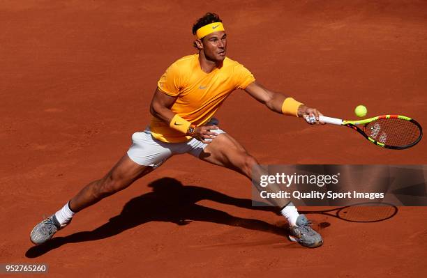 Rafael Nadal of Spain in action during his match against Stefanos Tsitsipas of Greece during day seventh of the ATP Barcelona Open Banc Sabadell at...