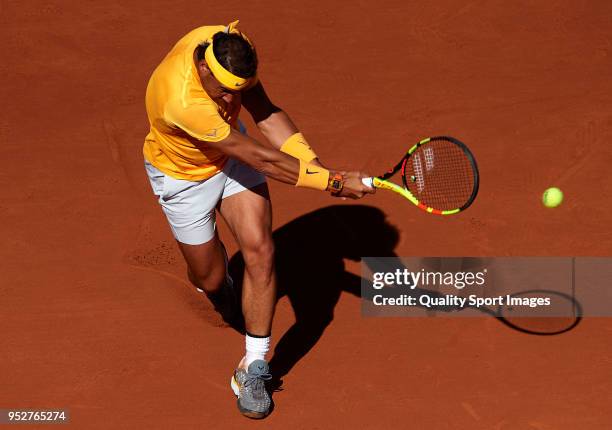 Rafael Nadal of Spain in action during his match against Stefanos Tsitsipas of Greece during day seventh of the ATP Barcelona Open Banc Sabadell at...