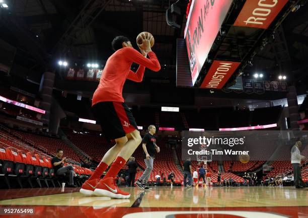 Zhou Qi of the Houston Rockets warms up before Game One of the Western Conference Semifinals of the 2018 NBA Playoffs against the Utah Jazz at Toyota...