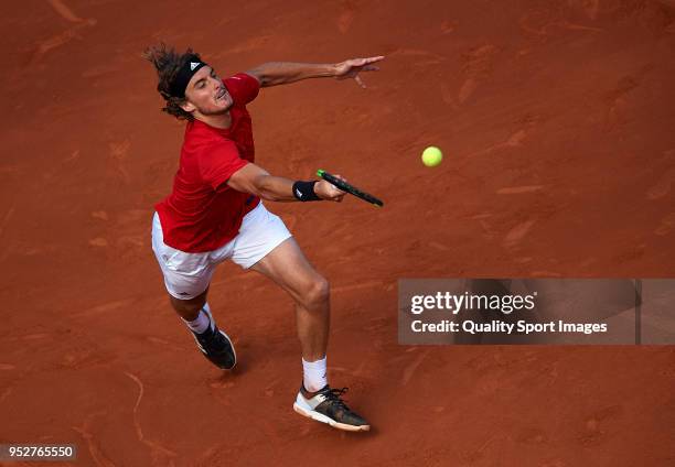 Stefanos Tsitsipas of Greece in action during his match against Rafael Nadal of Spain of Greece during day seventh of the ATP Barcelona Open Banc...