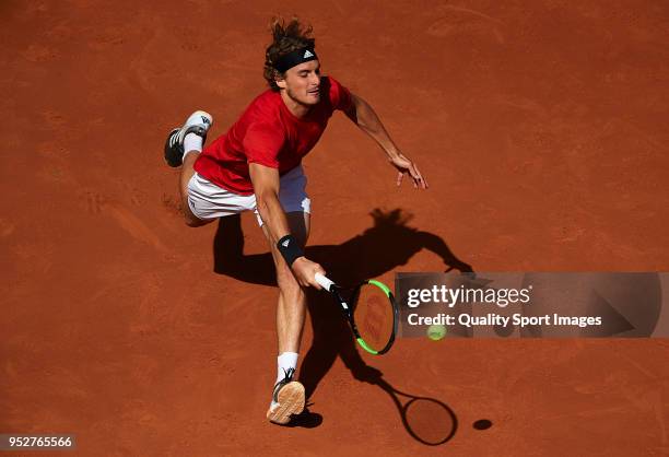 Stefanos Tsitsipas of Greece in action during his match against Rafael Nadal of Spain of Greece during day seventh of the ATP Barcelona Open Banc...