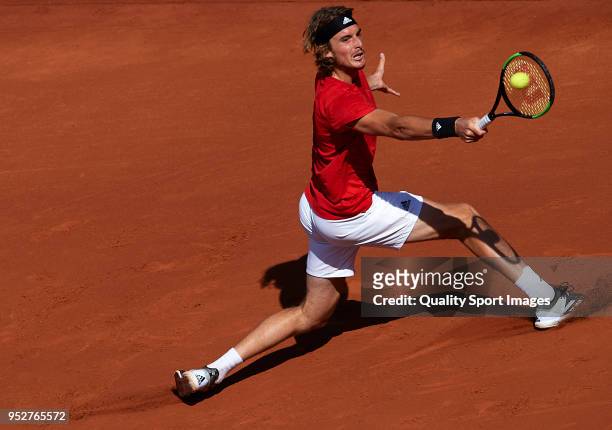 Stefanos Tsitsipas of Greece in action during his match against Rafael Nadal of Spain of Greece during day seventh of the ATP Barcelona Open Banc...