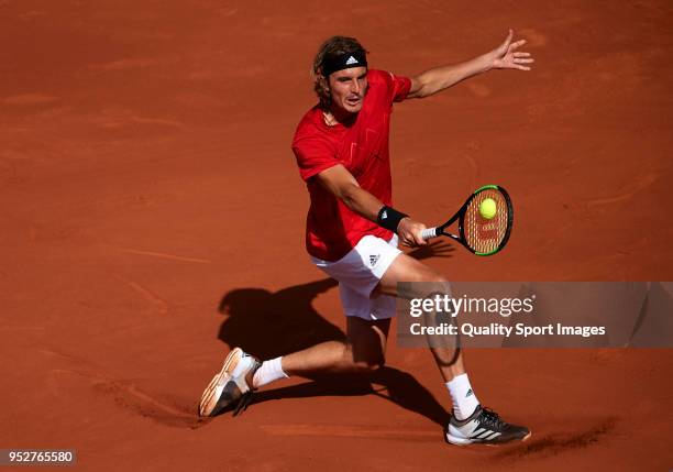 Stefanos Tsitsipas of Greece in action during his match against Rafael Nadal of Spain of Greece during day seventh of the ATP Barcelona Open Banc...
