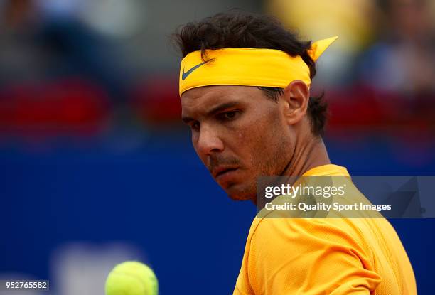 Rafael Nadal of Spain looks on during his match against Stefanos Tsitsipas of Greece during day seventh of the ATP Barcelona Open Banc Sabadell at...