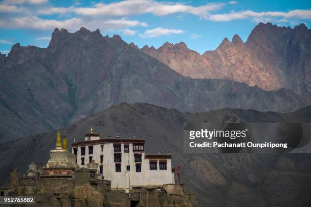 a view of lamayuru monastery with mountains background, lamayuru, ladakh, india - lamayuru monastery stock pictures, royalty-free photos & images