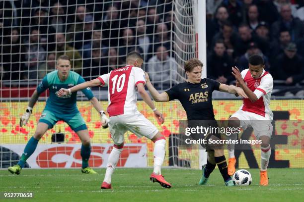 Coach John van den Brom of AZ Alkmaar, Hakim Ziyech of Ajax, Jonas Svensson of AZ Alkmaar, David Neres of Ajax during the Dutch Eredivisie match...