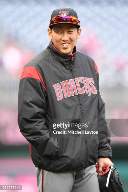 Yoshihisa Hirano of the Arizona Diamondbacks looks on before a baseball game against the Baltimore Orioles at Nationals Park on April 29, 2018 in...