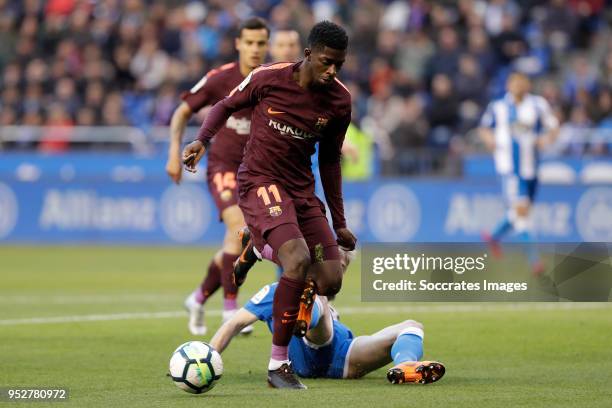 Ousmane Dembele of FC Barcelona, Gerard Deulofeu of FC Barcelona during the La Liga Santander match between Deportivo la Coruna v FC Barcelona at the...