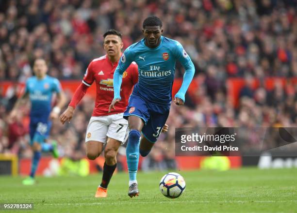 Ainsley Maitland-Niles of Arsenal during the Premier League match between Manchester United and Arsenal at Old Trafford on April 29, 2018 in...