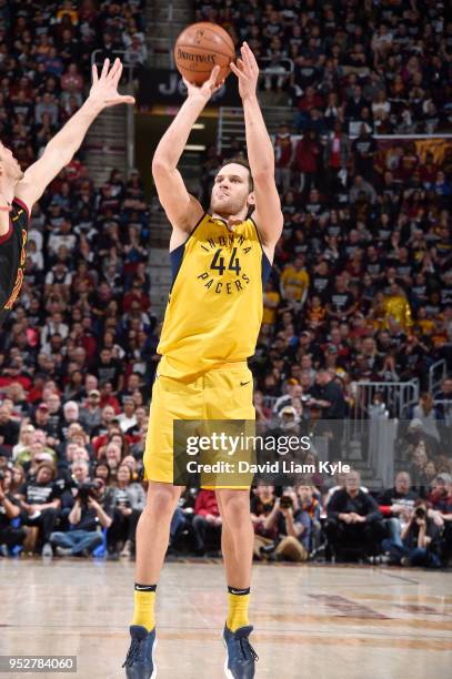 Bojan Bogdanovic of the Indiana Pacers shoots the ball against the Cleveland Cavaliers in Game Seven of Round One of the 2018 NBA Playoffs on April...