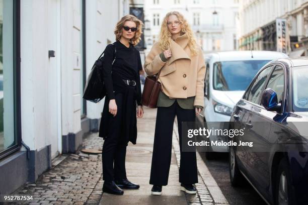 Models Luna Schulze and Frederikke Sofie at Copenhagen Fashion Week Autumn/Winter 18 on February 01, 2018 in Copenhagen, Denmark. Luna wears all...