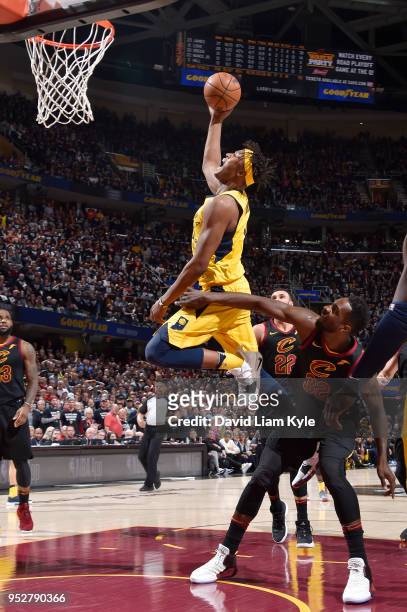 Myles Turner of the Indiana Pacers goes to the basket against the Cleveland Cavaliers in Game Seven of Round One of the 2018 NBA Playoffs on April...