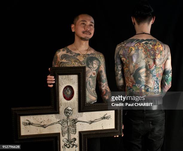 Corps tatoué au Mondial du Tatouage dans la Grande Halle de la Villete le 8 mars 2015., Paris, France.