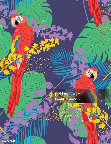 tropical plants seamless pattern - macaw stock illustrations