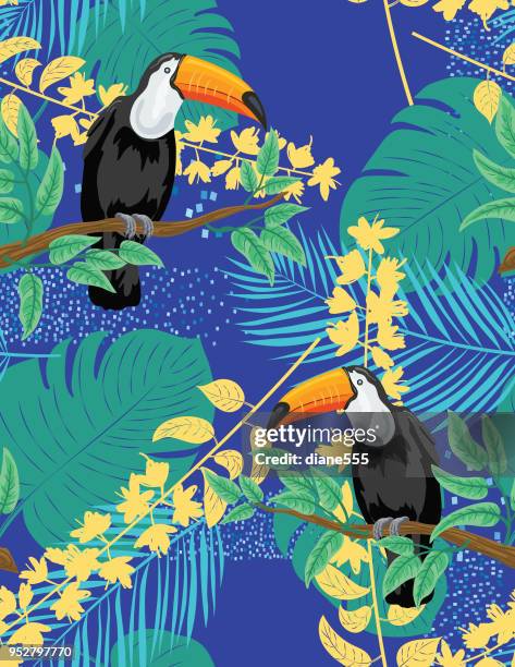 tropical plants and toucan seamless pattern - coconut pattern stock illustrations
