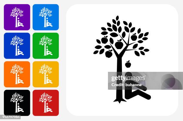 discovering gravity icon square button set - apple falling from tree stock illustrations