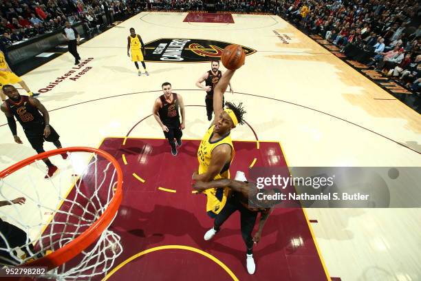 Myles Turner of the Indiana Pacers goes to the basket against the Cleveland Cavaliers in Game Seven of Round One of the 2018 NBA Playoffs on April...