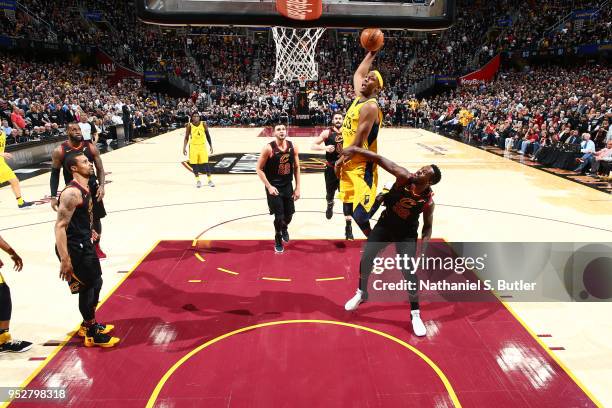 Myles Turner of the Indiana Pacers goes to the basket against the Cleveland Cavaliers in Game Seven of Round One of the 2018 NBA Playoffs on April...