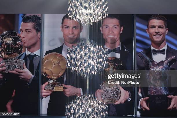 Pictures of Cristiano Ronaldo receiving different trophies seen at the entrance to the CR7 Museum located in Funchal seafront, on the island of...