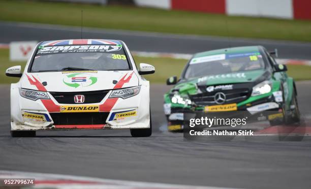 Matt Simpson of Simpson Racing drives a Honda Civic Type R during the Dunlop MSA British Touring Car Championship at Donington Park on April 29, 2018...