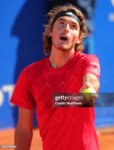 Stefanos Tsitsipas during the match against Rafa Nadal during the final of the Barcelona Open Banc Sabadell, on 29th April 2018 in Barcelona, Spain....