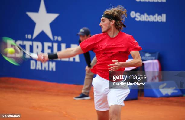 Stefanos Tsitsipas during the match against Rafa Nadal during the final of the Barcelona Open Banc Sabadell, on 29th April 2018 in Barcelona, Spain....