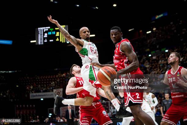 Jordan Theodore and Manuel Omogbo fight for a ball during a basketball game of Poste Mobile Lega Basket A between EA7 Emporio Armani Milano vs VL...