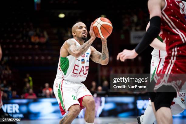 Jordan Theodore shoots a layupduring a basketball game of Poste Mobile Lega Basket A between EA7 Emporio Armani Milano vs VL Pesaro at Mediolanum...