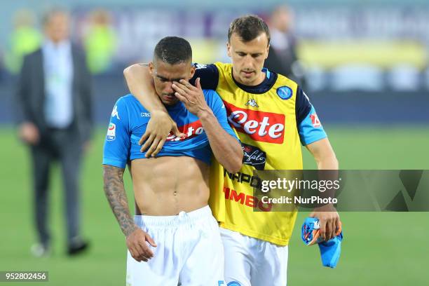 The disappointment of Allan Loudeiro and Vlad Chiriches of Napoli at Artemio Franchi Stadium in Florence, Italy on April 29 during Serie A match...