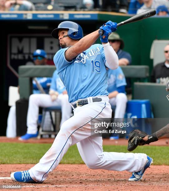 Cheslor Cuthbert of the Kansas City Royals hits a three-run home run against the Chicago White Sox in the fifth inning at Kauffman Stadium on April...