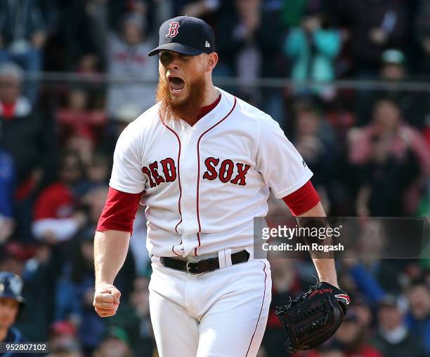 Craig Kimbrel of the Boston Red Sox reacts after defeating the Tampa Bay Rays, 4-3, at Fenway Park on April 29, 2018 in Boston, Massachusetts.