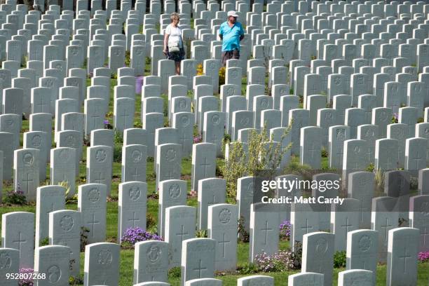 Headstones of fallen soldiers from the First World War are seen at the Tyne Cot Cemetery, the largest Commonwealth War Graves Commission cemetery in...