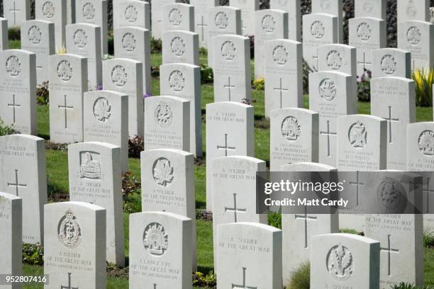 Headstones of fallen soldiers from the First World War are seen at the Tyne Cot Cemetery, the largest Commonwealth War Graves Commission cemetery in...