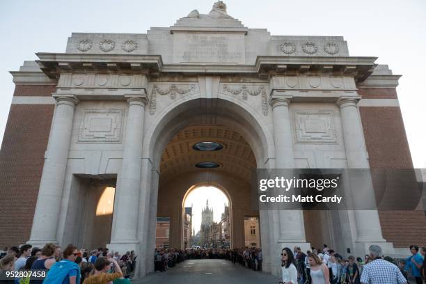 People gather for the Last Post ceremony at the Menin Gate on April 20, 2018 in Ypres, Belgium. The Menin Gate Memorial is dedicated to the British...