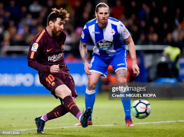 Barcelona's Argentinian forward Lionel Messi during the Spanish league football match between Deportivo Coruna and FC Barcelona at the Riazor stadium...