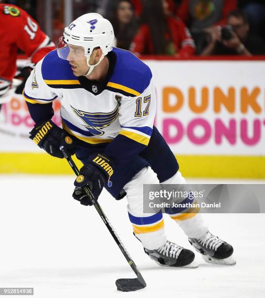 Jaden Schwartz of the St. Louis Blues turns with the puck against the Chicago Blackhawks at the United Center on March 18, 2018 in Chicago, Illinois.