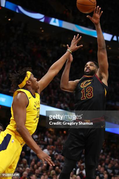 Tristan Thompson of the Cleveland Cavaliers takes a shot over Myles Turner of the Indiana Pacers during the second half in Game Seven of the Eastern...