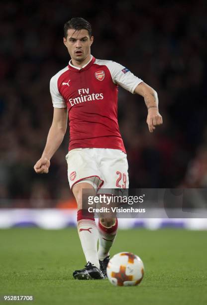 April 26: Granit Xhaka of Arsenal during the UEFA Europa League semi-final 1st Leg match between Arsenal FC and Atletico Madrid at the Emirates...