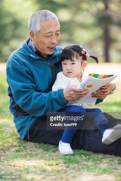 grand-père et sa petite-fille de lecture sur la pelouse - fille lire gazon photos et images de collection