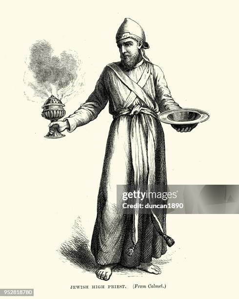 ancient jewish high priest holding incense burner - priest rabbi stock illustrations