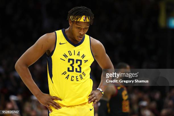 Myles Turner of the Indiana Pacers leave the floor after fouling out agent the Cleveland Cavaliers in Game Seven of the Eastern Conference...