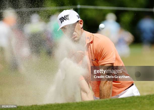 Billy Horschel plays a shot from a bunker on the 11th hole during the final round of the Zurich Classic at TPC Louisiana on April 29, 2018 in...