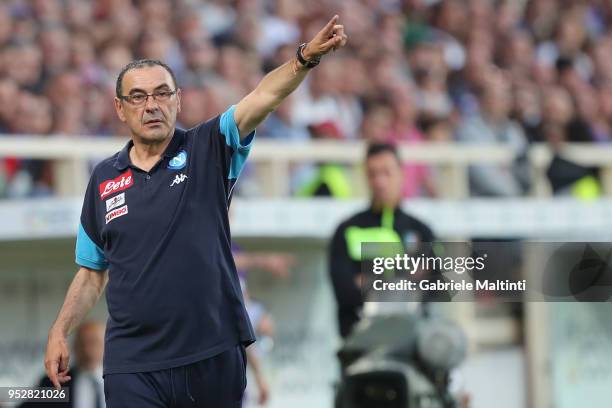 Maurizio Sarri manager of SSC Napoli gestures during the serie A match between ACF Fiorentina and SSC Napoli at Stadio Artemio Franchi on April 29,...