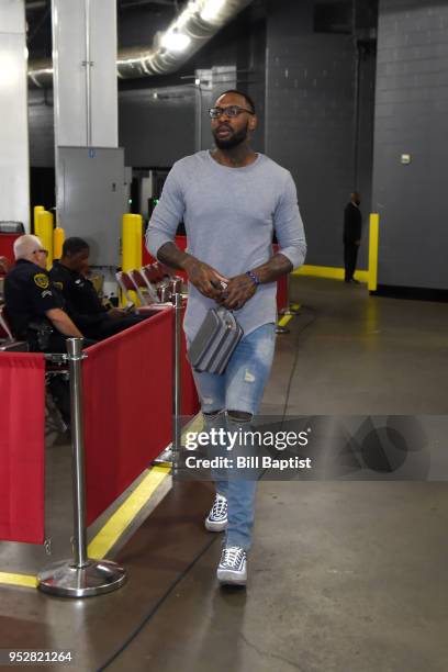 Tarik Black of the Houston Rockets arrives before Game One of the Western Conference Semifinals against the Utah Jazz during the 2018 NBA Playoffs on...