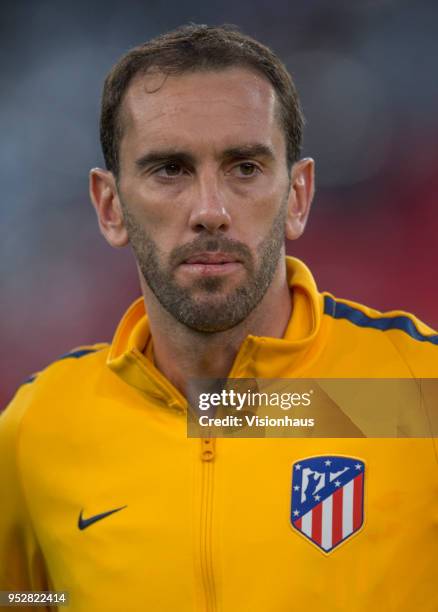 April 26: Diego Godín of Atletico Madrid during the UEFA Europa League semi-final 1st Leg match between Arsenal FC and Atletico Madrid at the...